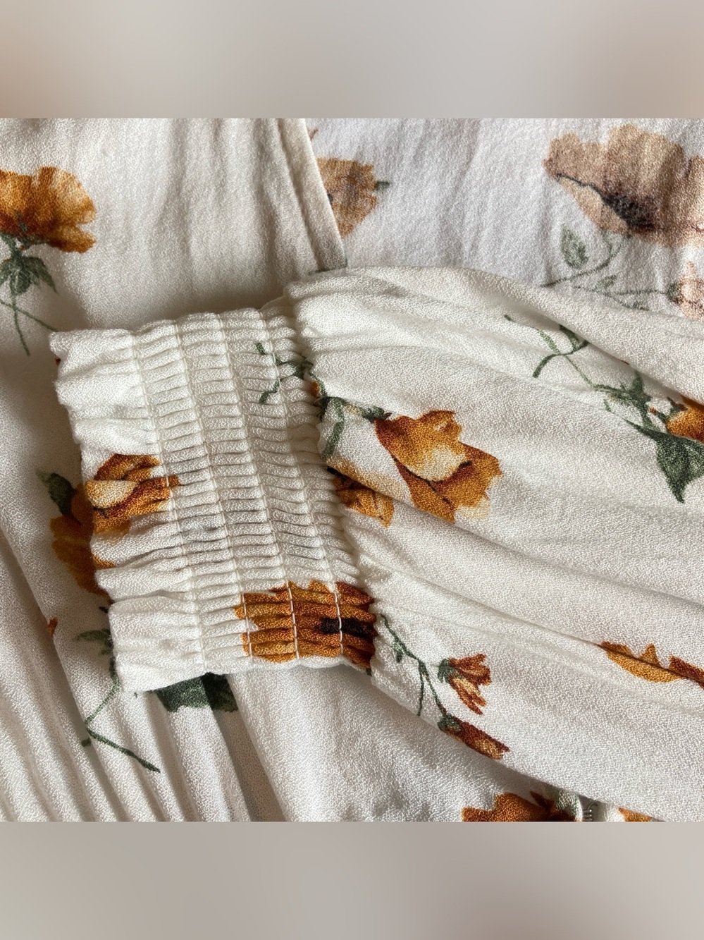 Forever 21 White Floral Smocked Peplum Blouse with Yellow Flowers & Full Sleeves - Picture 7 of 11